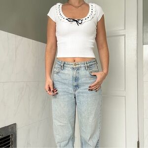 Zara White Ribbed Top with Black Bow Detail